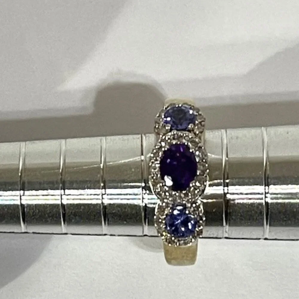Amethyst, tanzanite, diamond and 14K gold cocktail ring.